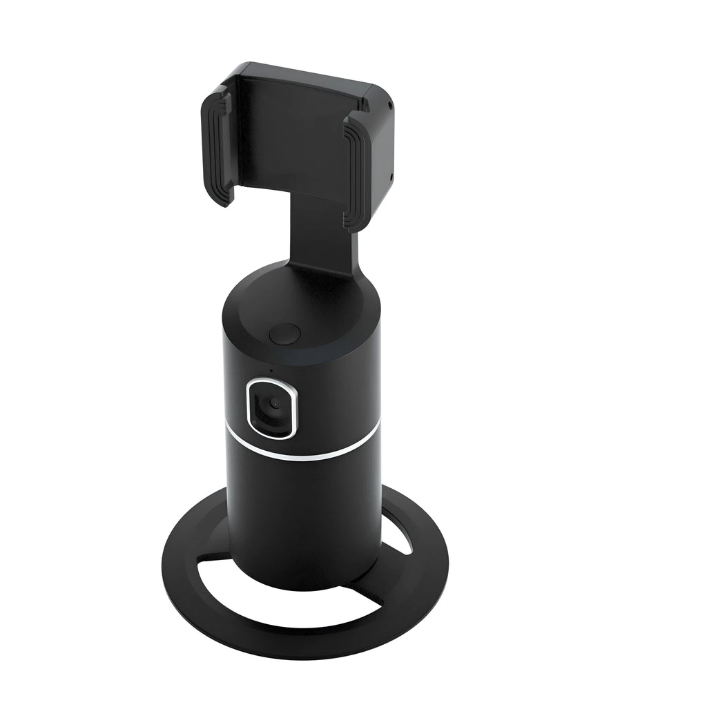 Black smart tracking gimbal stabiliser clipped onto a mobile phone showing 360-degree rotation capability