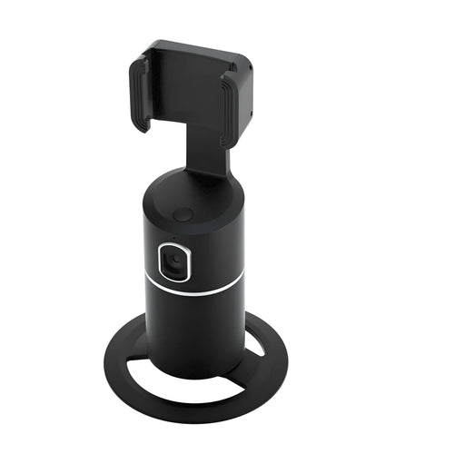 Black smart tracking gimbal stabiliser clipped onto a mobile phone showing 360-degree rotation capability
