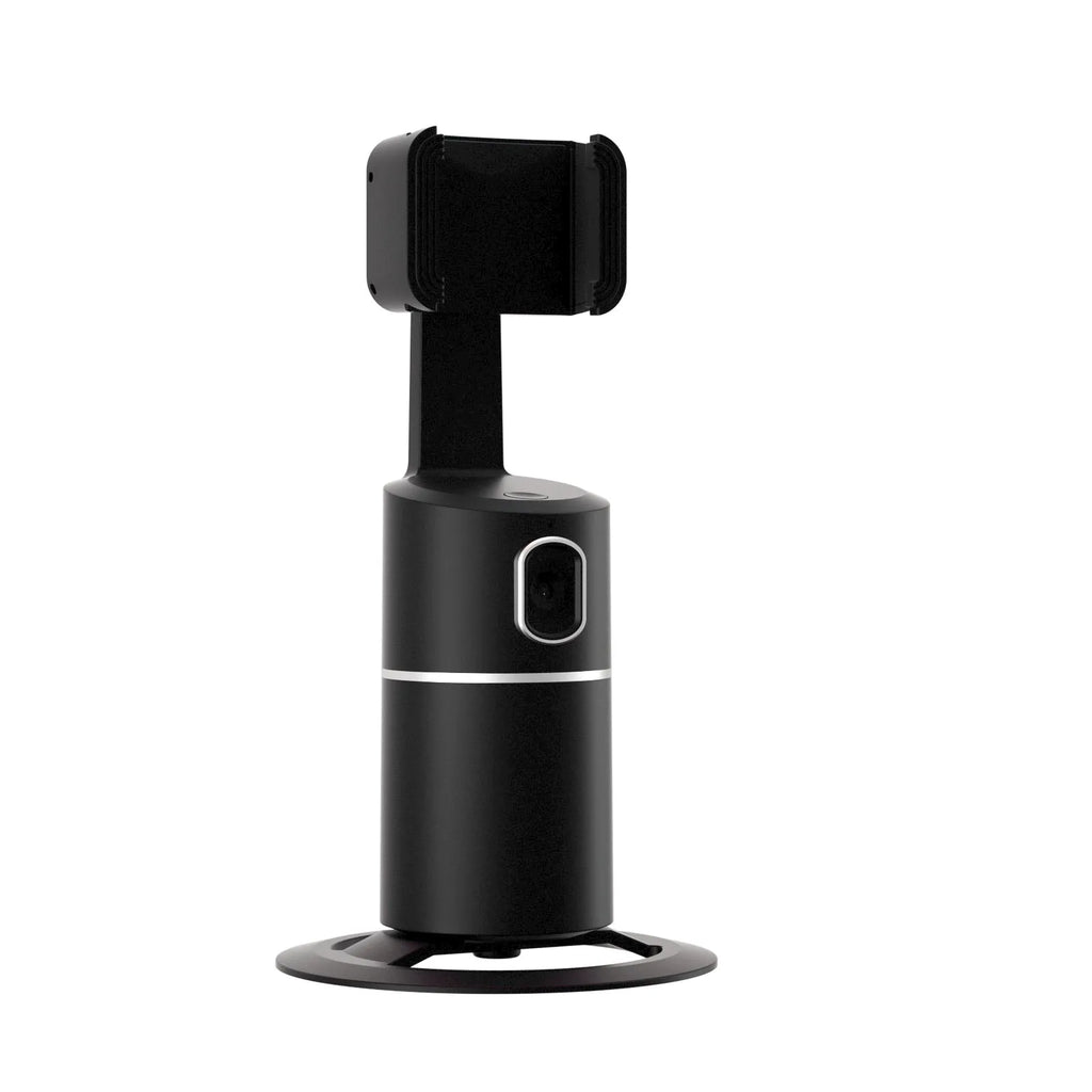 Black smart tracking gimbal stabiliser clipped onto a mobile phone showing 360-degree rotation capability