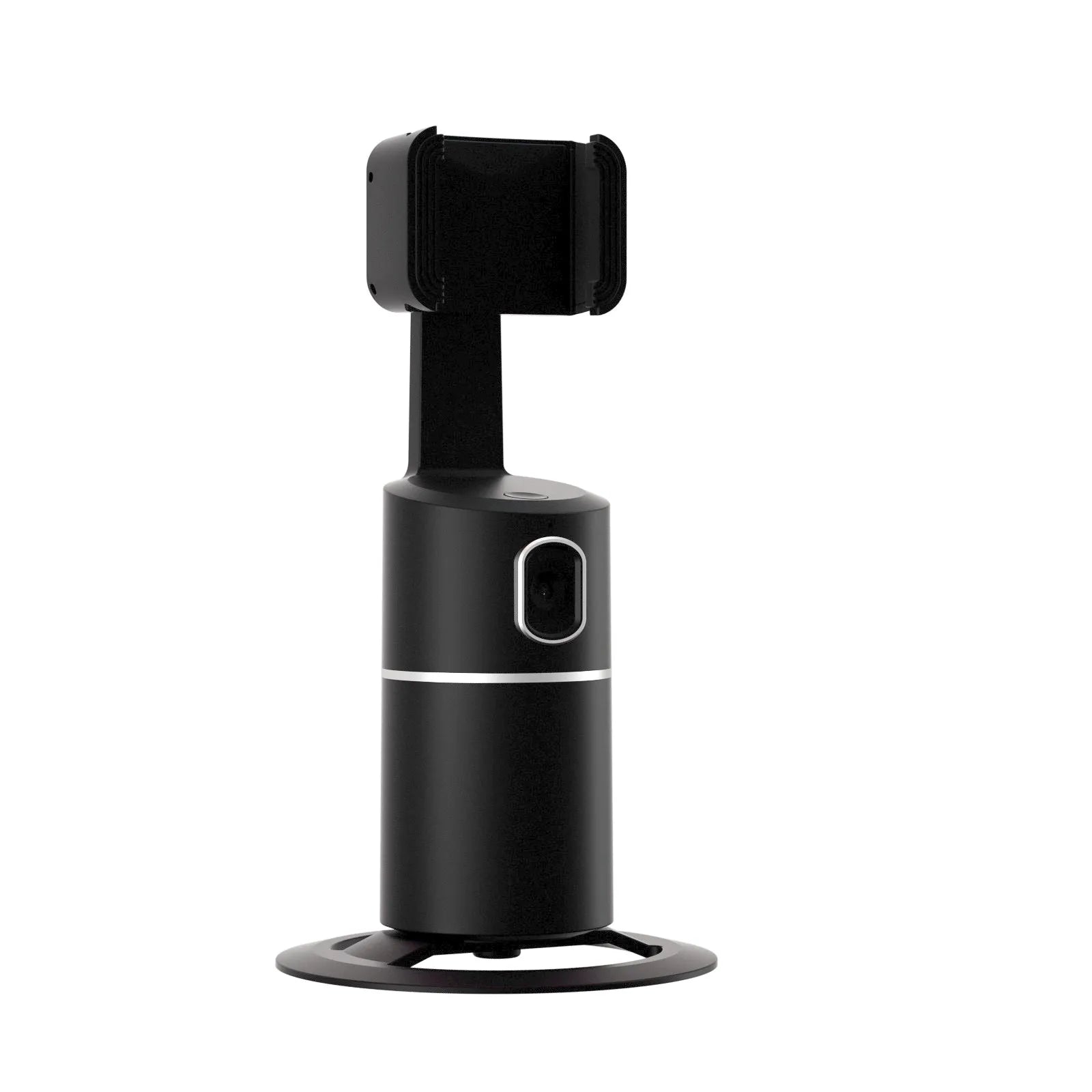 Black smart tracking gimbal stabiliser clipped onto a mobile phone showing 360-degree rotation capability