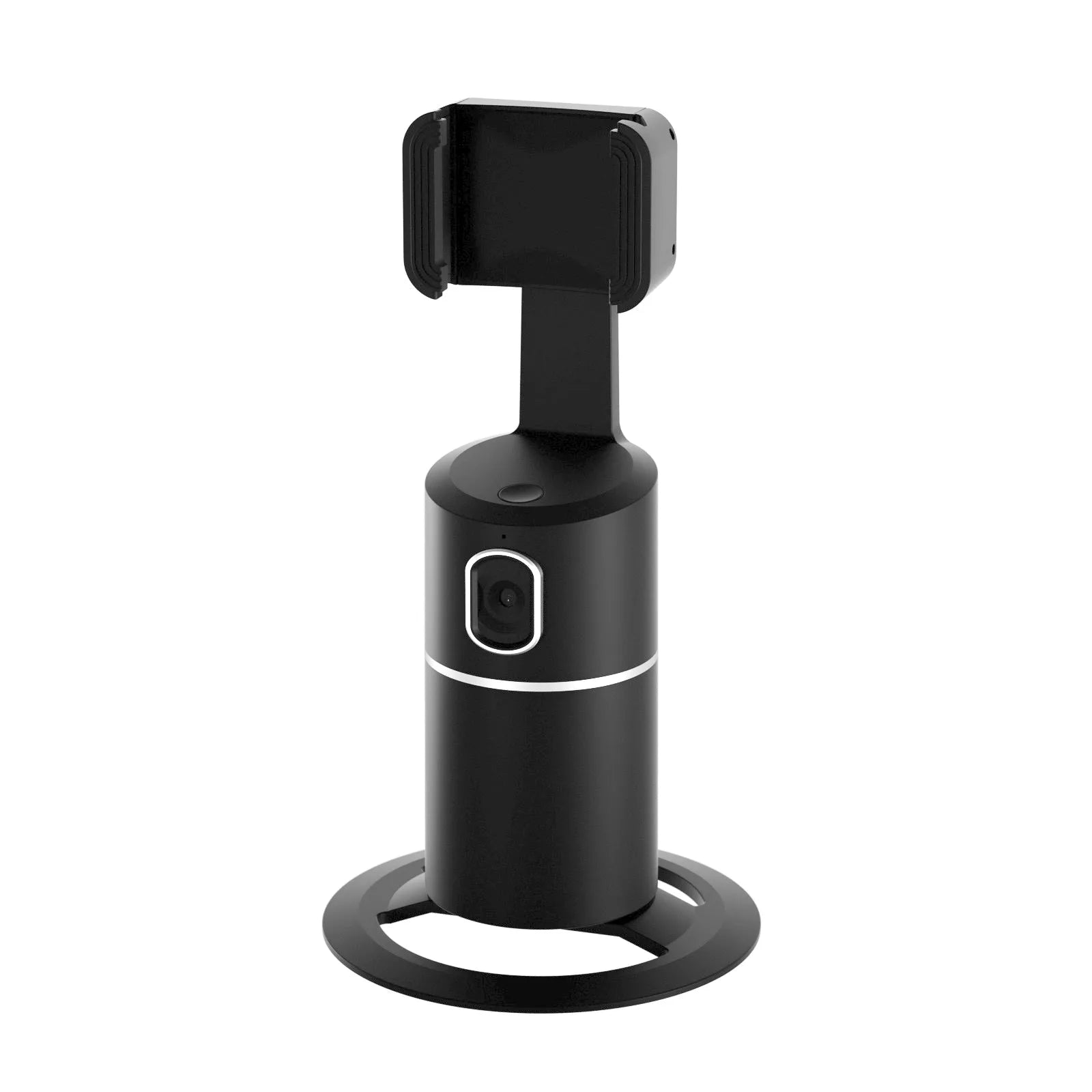 Black smart tracking gimbal stabiliser clipped onto a mobile phone showing 360-degree rotation capability
