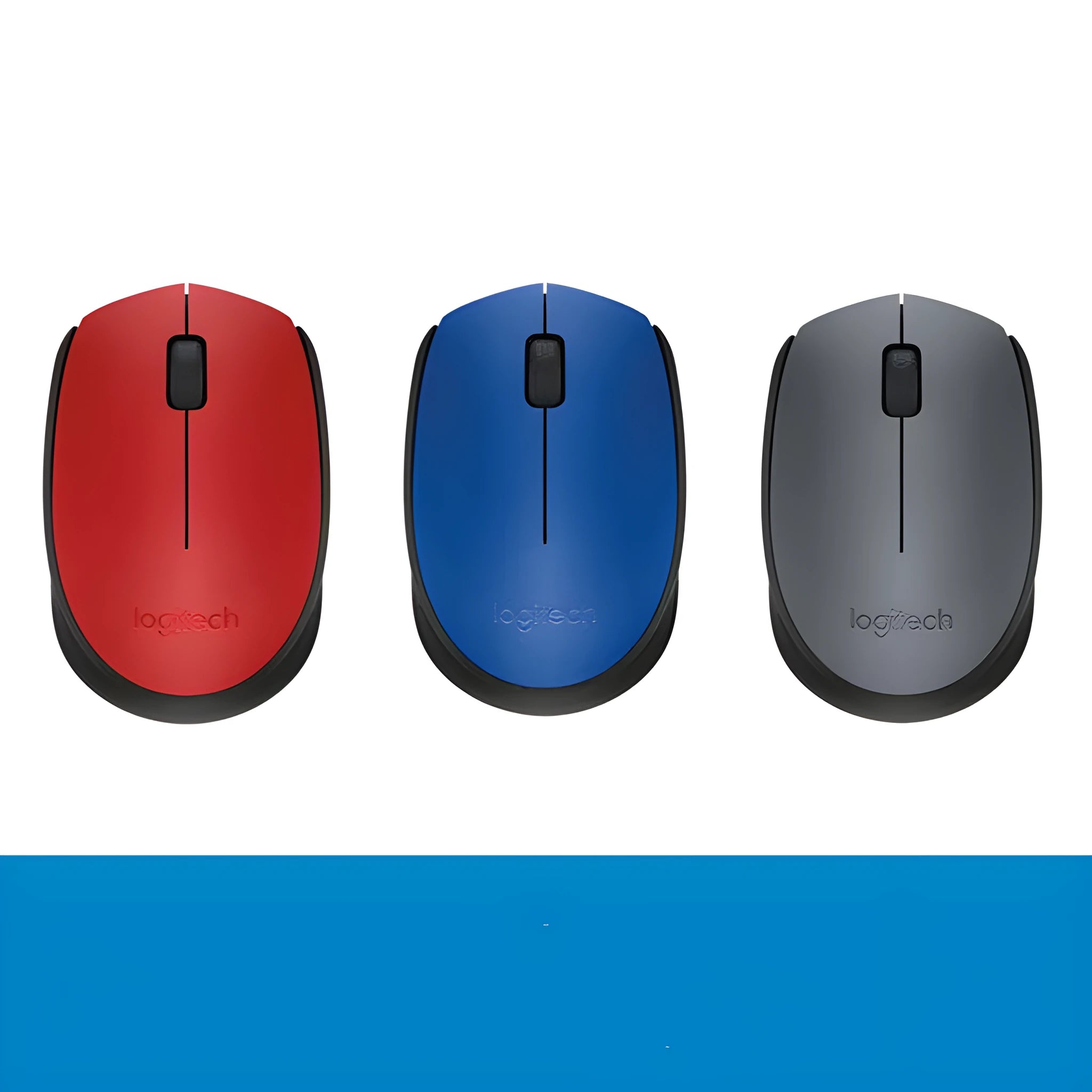 Small portable wireless mouse in red, blue, and grey with USB receiver