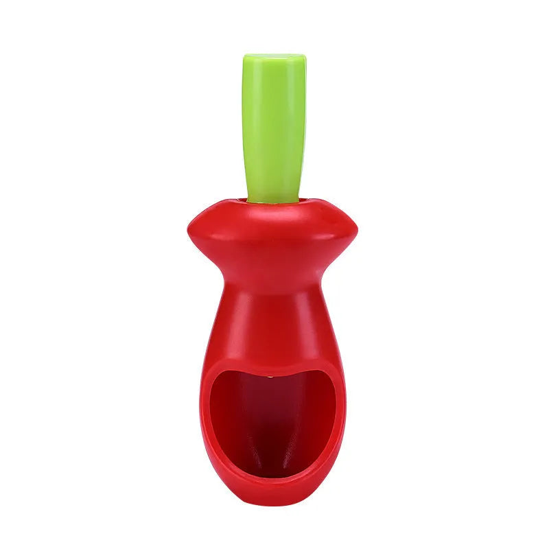Red PP plastic fruit coring gadget measuring 5 by 13 centimetres on a white background