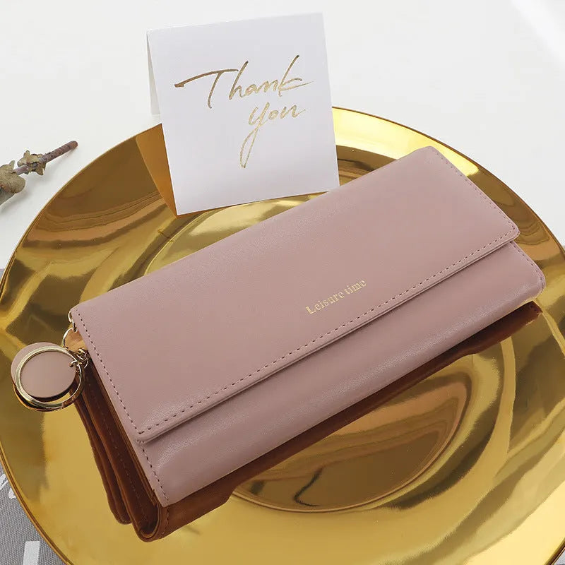 Synthetic leather long wallet 19.2cm x 9.2cm x 3.0cm with pendant in black, grey, navy blue, pink or wine red