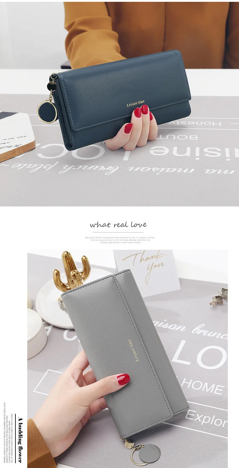 Synthetic leather long wallet 19.2cm x 9.2cm x 3.0cm with pendant in black, grey, navy blue, pink or wine red