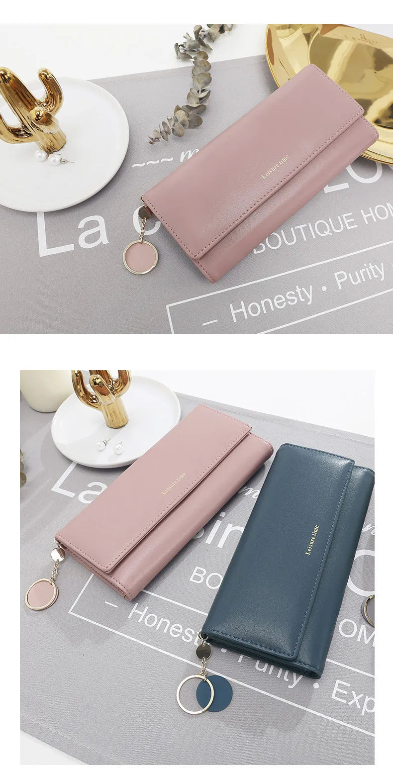 Synthetic leather long wallet 19.2cm x 9.2cm x 3.0cm with pendant in black, grey, navy blue, pink or wine red