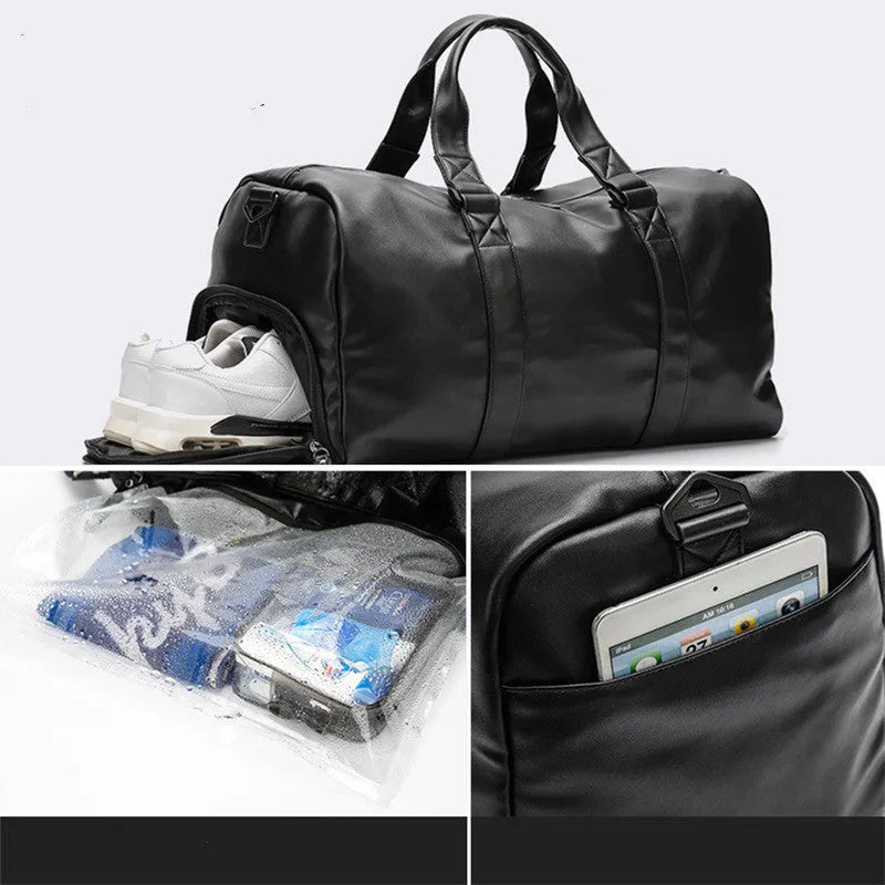 Large black waterproof PU leather sports training bag with multiple compartments and organisational pockets