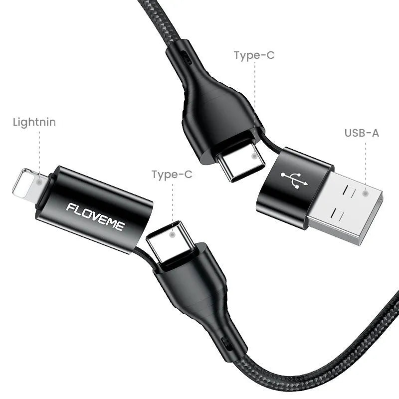 Black braided 4-in-1 USB cable with USB-A, USB-C, and Lightning connectors on a 1m length.