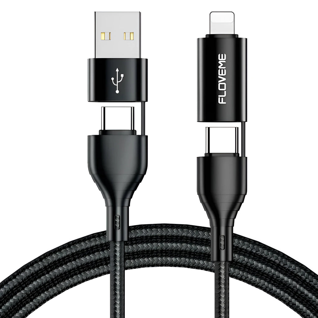 Black braided 4-in-1 USB cable with USB-A, USB-C, and Lightning connectors on a 1m length.