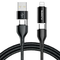 Black braided 4-in-1 USB cable with USB-A, USB-C, and Lightning connectors on a 1m length.