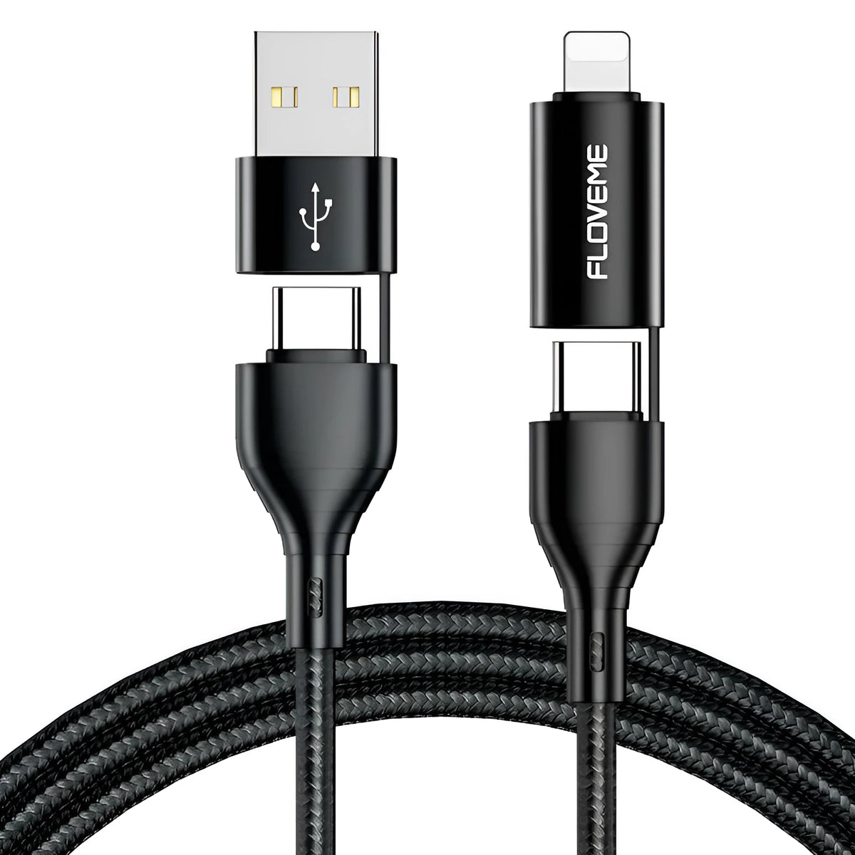 Black braided 4-in-1 USB cable with USB-A, USB-C, and Lightning connectors on a 1m length.