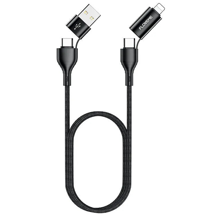 Black braided 4-in-1 USB cable with USB-A, USB-C, and Lightning connectors on a 1m length.