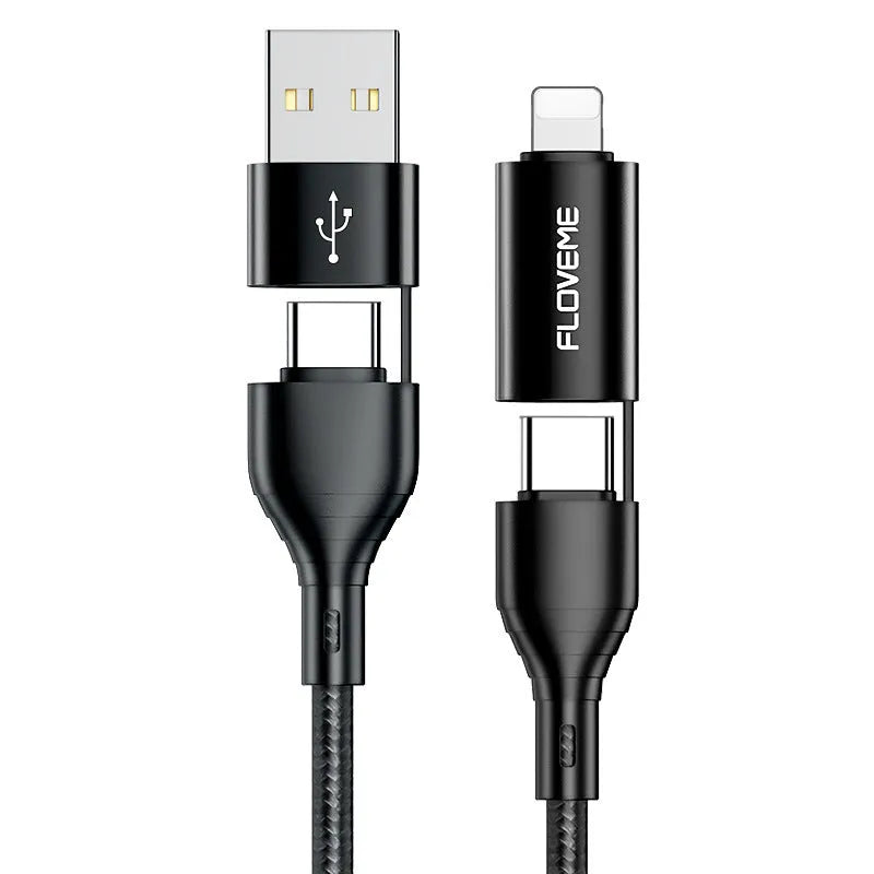 Black braided 4-in-1 USB cable with USB-A, USB-C, and Lightning connectors on a 1m length.