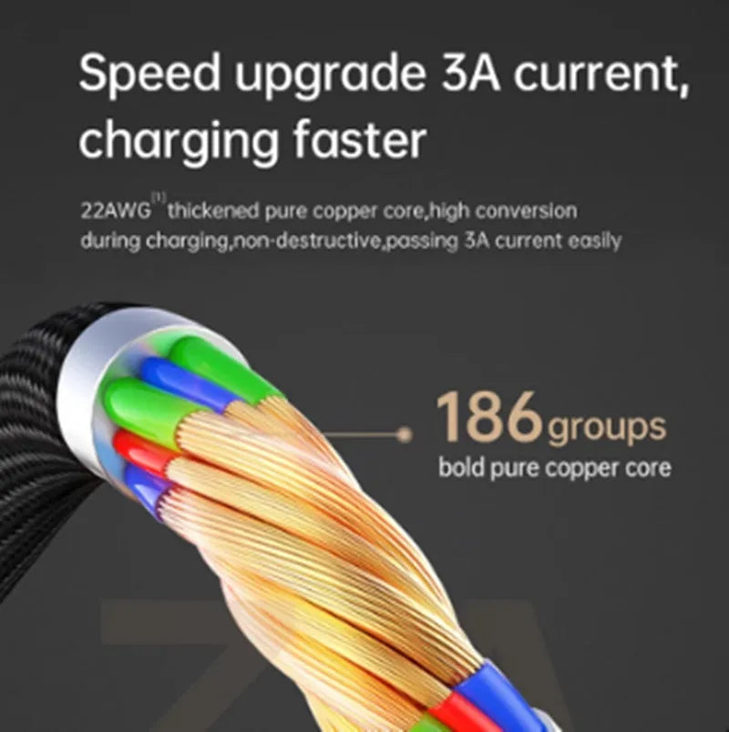 Black iPhone charging cable with dual-colour LED lights showing orange and green charging indicators