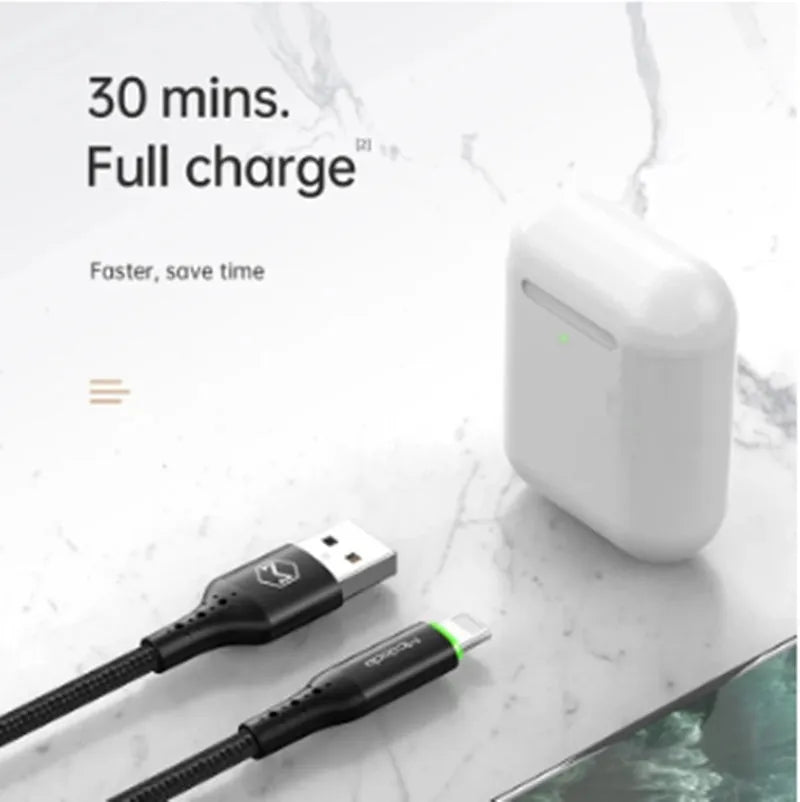 Black iPhone charging cable with dual-colour LED lights showing orange and green charging indicators