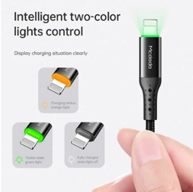 Black iPhone charging cable with dual-colour LED lights showing orange and green charging indicators