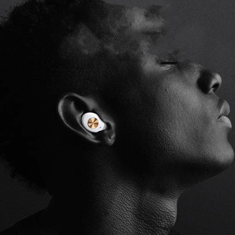 Wireless Bluetooth mini TWS earbuds in black, white, and dark green with their compact rectangular charging case.
