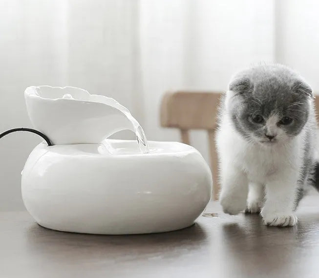 White porcelain leaf-shaped automatic cat water dispenser on floor