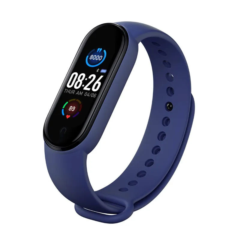 M5 smart bracelet with 0.96-inch screen for heart rate monitoring in black, blue or red colours