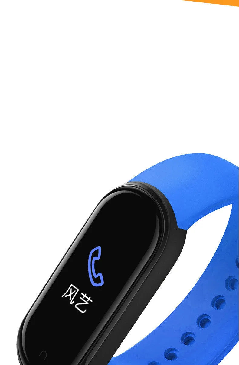 M5 smart bracelet with 0.96-inch screen for heart rate monitoring in black, blue or red colours