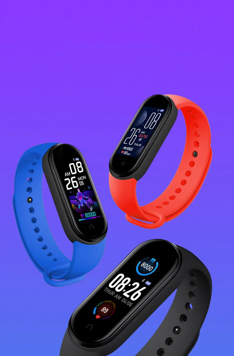 M5 smart bracelet with 0.96-inch screen for heart rate monitoring in black, blue or red colours