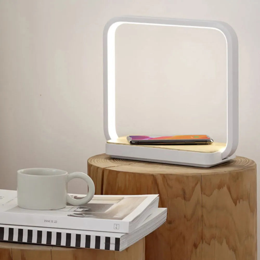 Modern smart bedside lamp with aluminium shade in white or gold, featuring voice and touch controls
