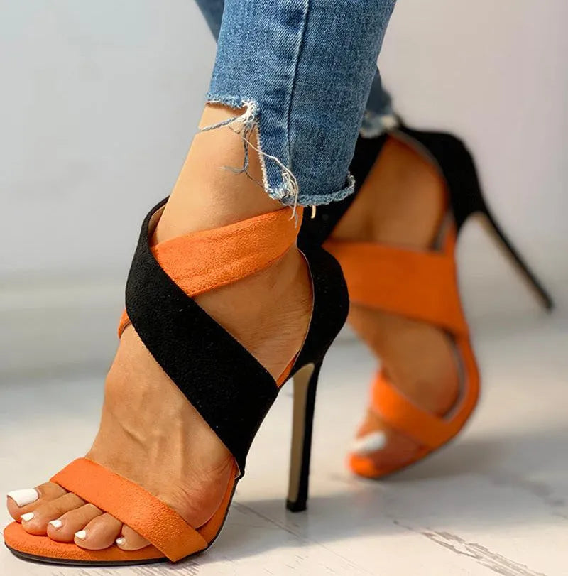 Women's round toe stiletto sandals with hollow rubber upper, frosted finish, back zipper, super high heel above 8cm.