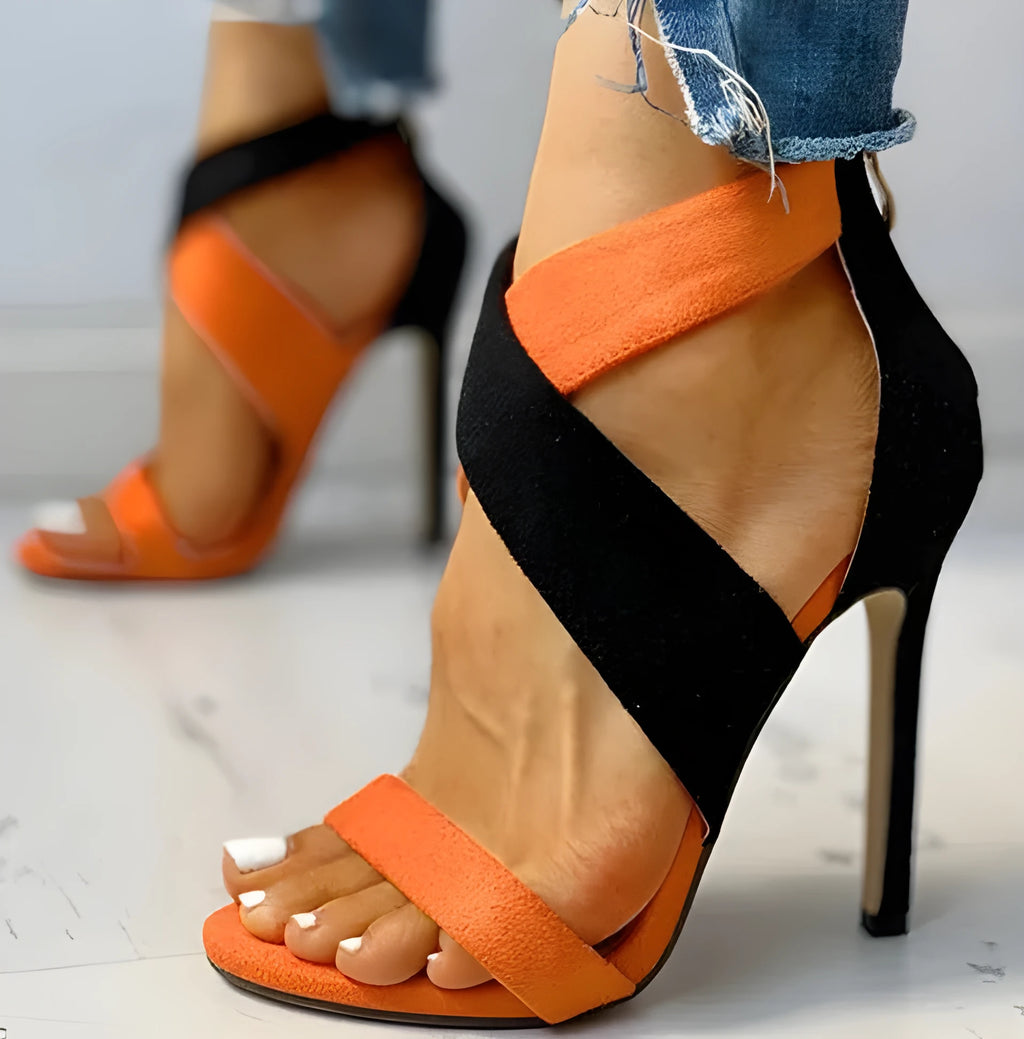 Women's round toe stiletto sandals with hollow rubber upper, frosted finish, back zipper, super high heel above 8cm.