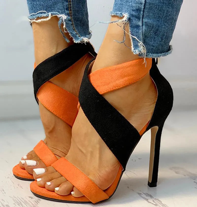 Women's round toe stiletto sandals with hollow rubber upper, frosted finish, back zipper, super high heel above 8cm.