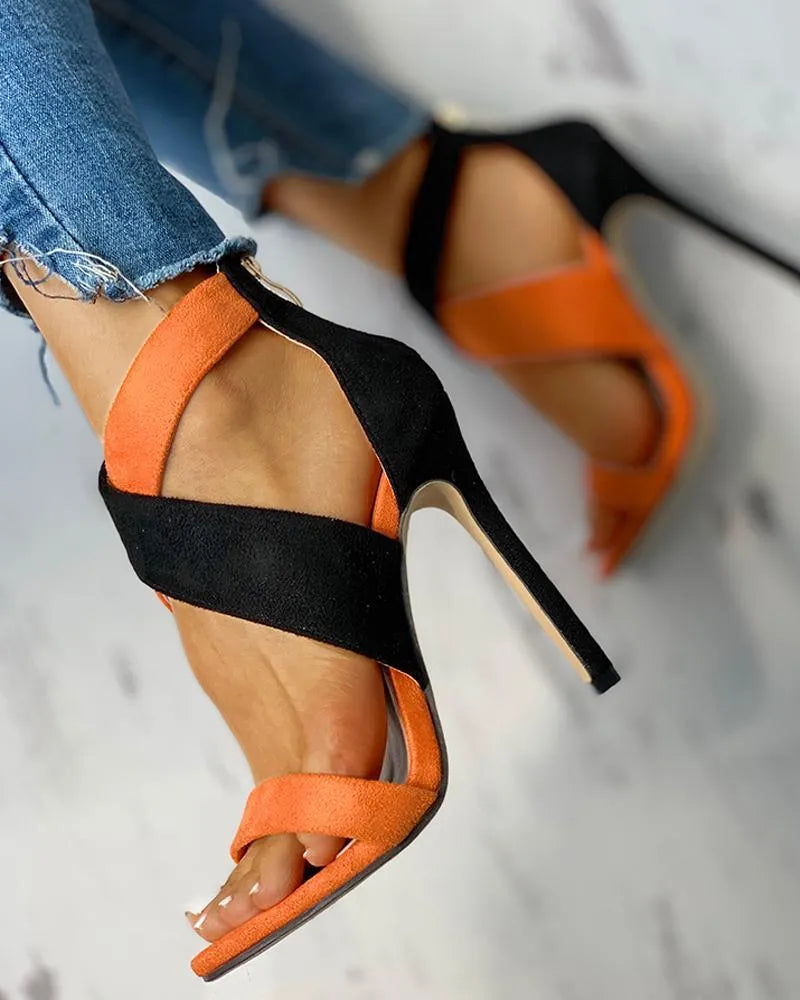 Women's round toe stiletto sandals with hollow rubber upper, frosted finish, back zipper, super high heel above 8cm.