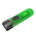 Green Nitecore TIKI USB rechargeable portable light with keychain, showing three light sources