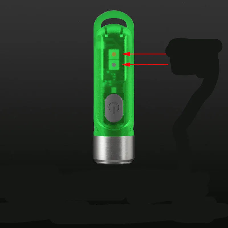 Green Nitecore TIKI USB rechargeable portable light with keychain, showing three light sources
