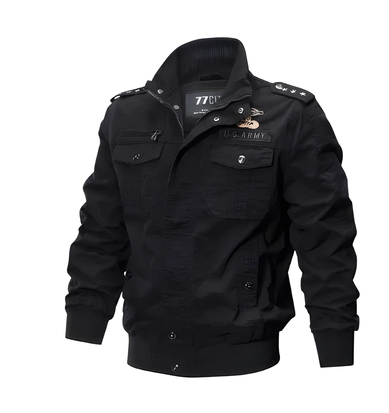 Plus size bomber military jacket for men in cotton washed finish with zip and button closure, available in 5XL and 6XL