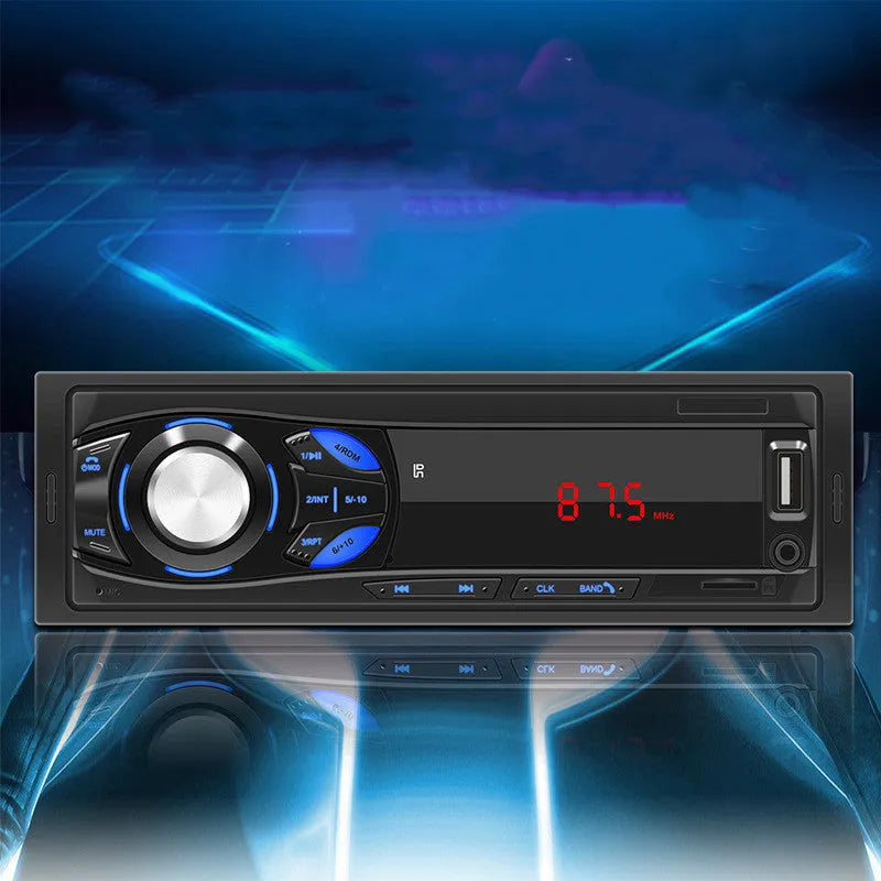 Black single-spindle car MP3 player with red LED digital tube display, blue button lighting, 188 x 58mm panel and card remote control.