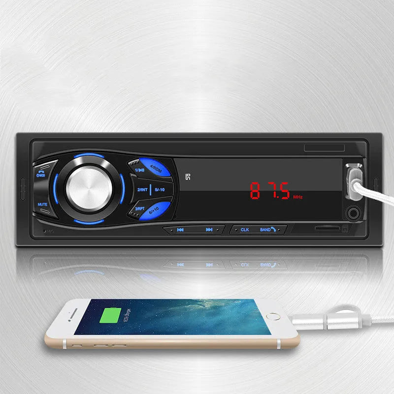 Black single-spindle car MP3 player with red LED digital tube display, blue button lighting, 188 x 58mm panel and card remote control.