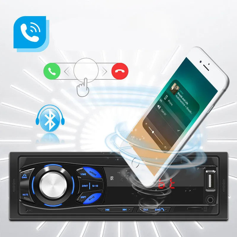 Black single-spindle car MP3 player with red LED digital tube display, blue button lighting, 188 x 58mm panel and card remote control.