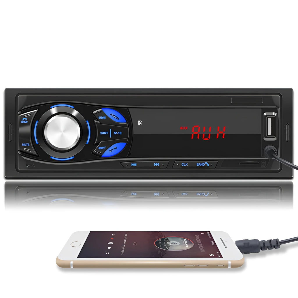 Black single-spindle car MP3 player with red LED digital tube display, blue button lighting, 188 x 58mm panel and card remote control.