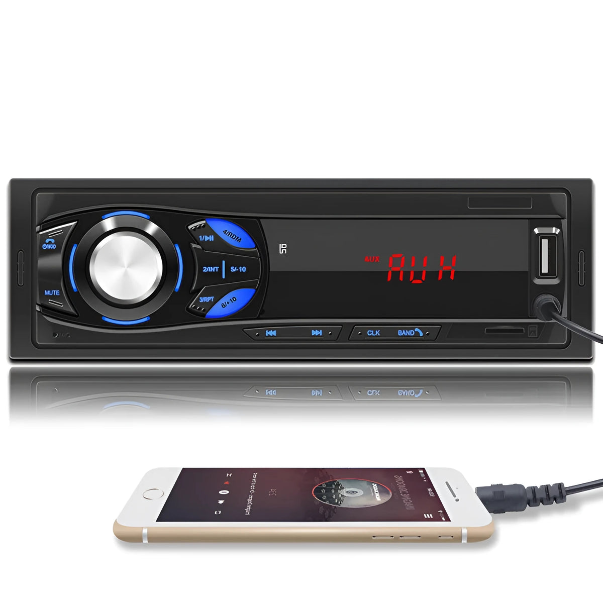 Black single-spindle car MP3 player with red LED digital tube display, blue button lighting, 188 x 58mm panel and card remote control.