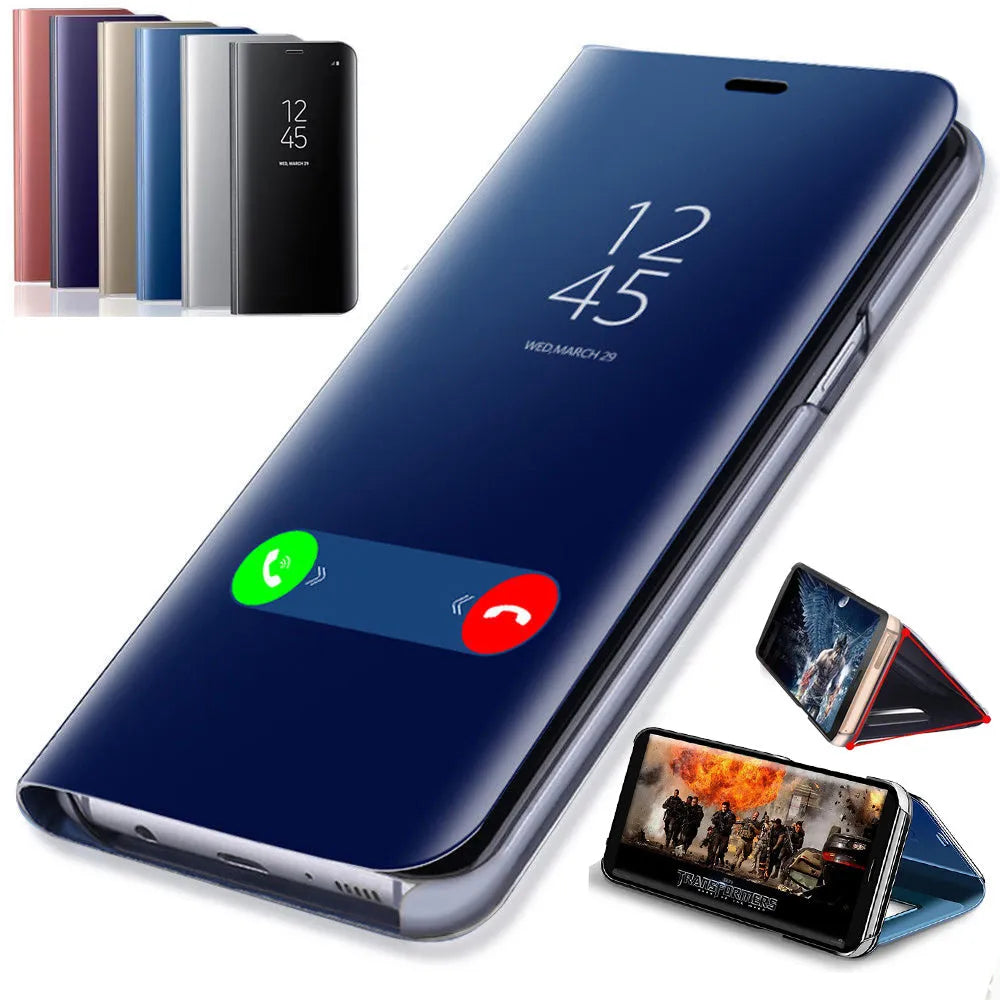 Black mirror flip case with kickstand open, showing internal mirror, for Samsung Galaxy phones.