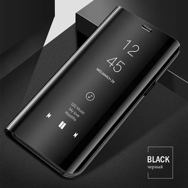 Black mirror flip case with kickstand open, showing internal mirror, for Samsung Galaxy phones.