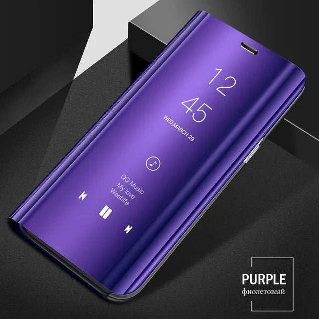 Black mirror flip case with kickstand open, showing internal mirror, for Samsung Galaxy phones.