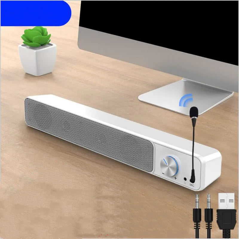 Black and white wired 2.0 channel desktop computer speakers with ABS PC enclosure.