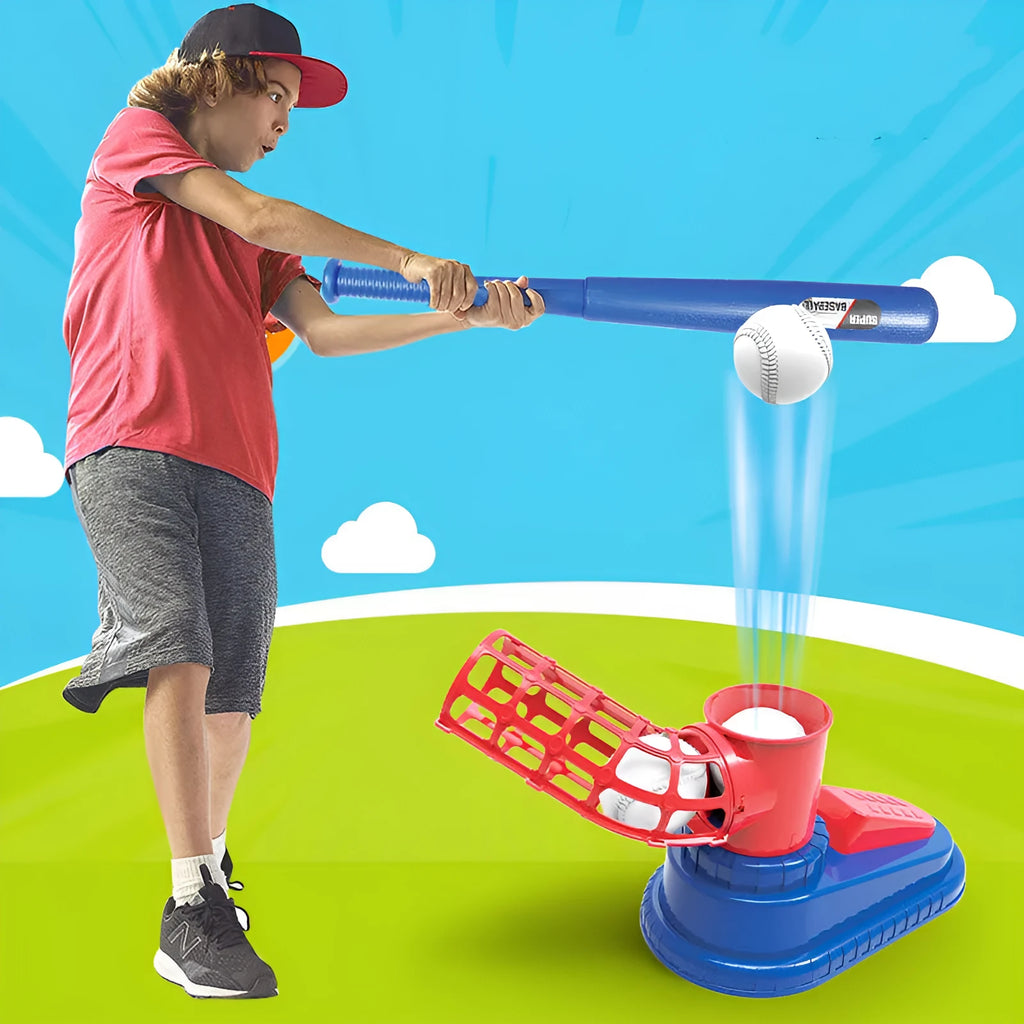 Children's baseball serving trainer toy with bat, balls, and foot pedal release on grass