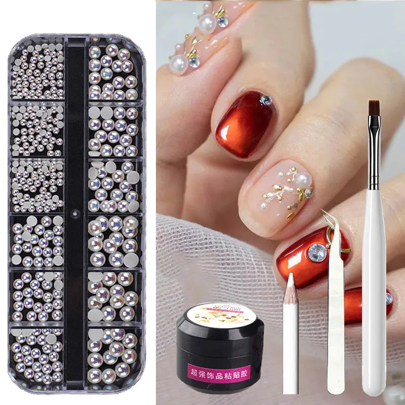 Mixed box of nail decorations with 11 styles including pearls, rhinestones, metal rivets, sequins and shell pieces