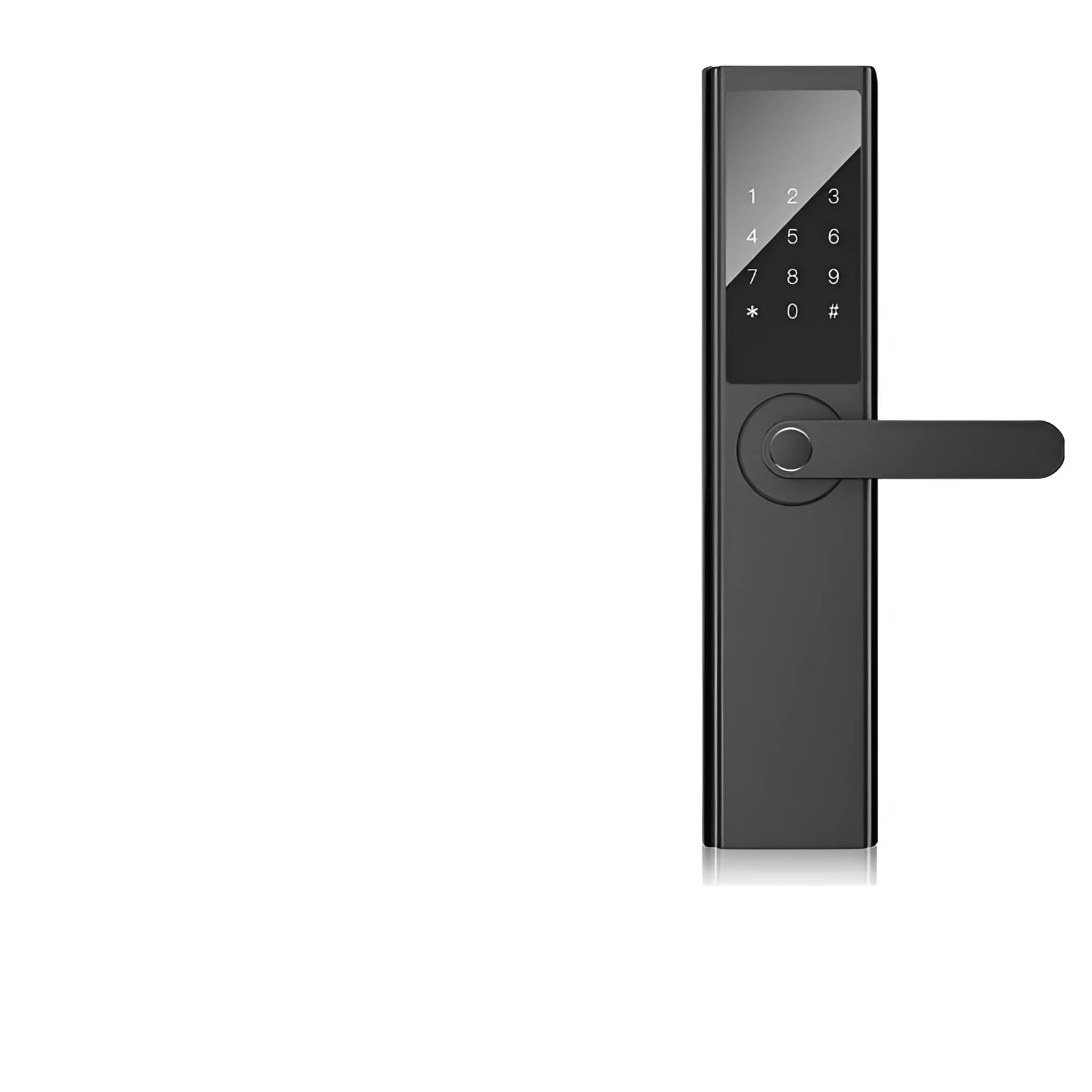 Home security door fingerprint lock in black, showing fingerprint sensor and keypad, suitable for anti-theft doors
