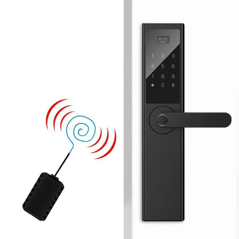 Home security door fingerprint lock in black, showing fingerprint sensor and keypad, suitable for anti-theft doors