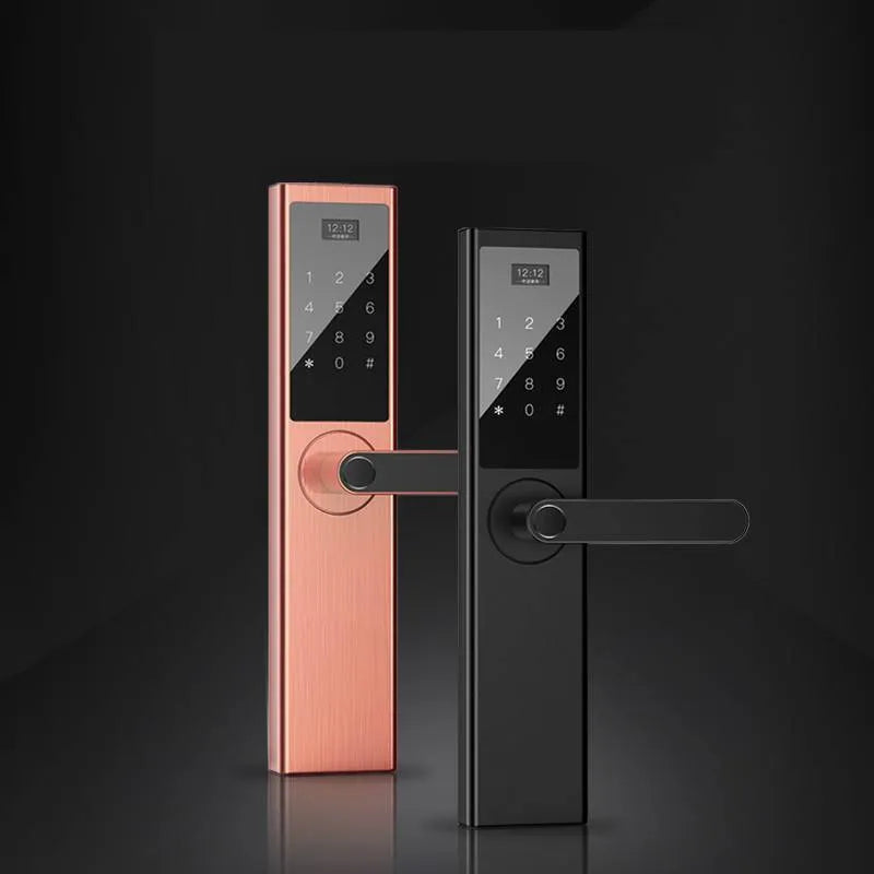 Home security door fingerprint lock in black, showing fingerprint sensor and keypad, suitable for anti-theft doors