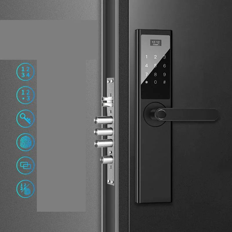 Home security door fingerprint lock in black, showing fingerprint sensor and keypad, suitable for anti-theft doors