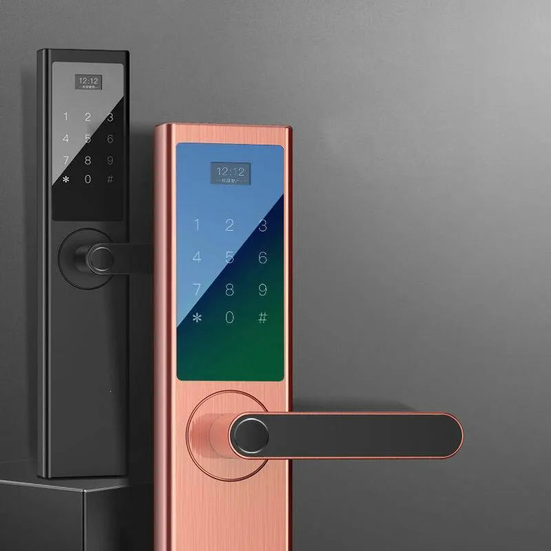 Home security door fingerprint lock in black, showing fingerprint sensor and keypad, suitable for anti-theft doors