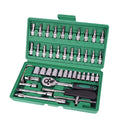 Green plastic case open to show a 46-piece alloy steel socket set with ratchet, torque wrench, and L-shaped wrench.